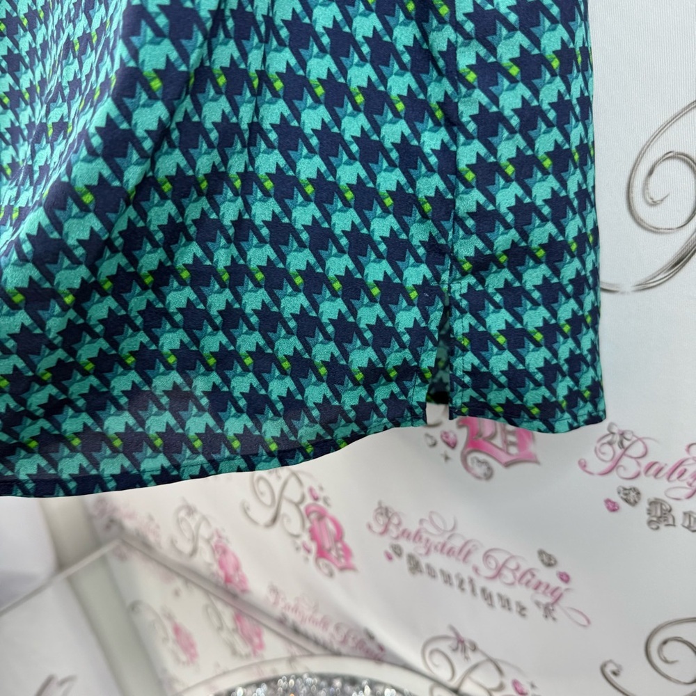 Van Heusen tank top blue green Teal Houndstooth Sleeveless Blouse flowy - Picture 6 of 10
